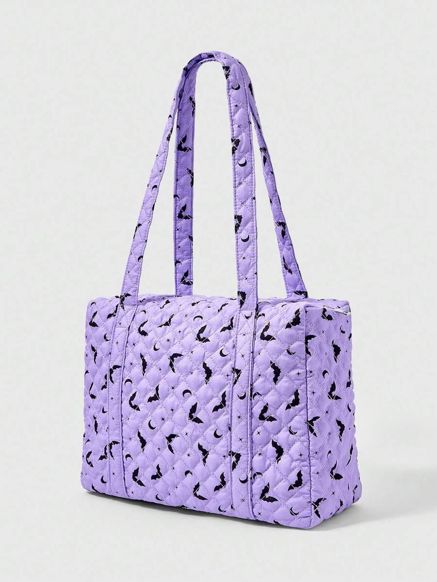 ROMWE Goth Purple Bat Print Fashion Large Capacity Women's Tote Bag, Halloween, Halloween Bags Perfect For Fancy Party Matching With Halloween Costumes, Best Halloween Gifts For Women