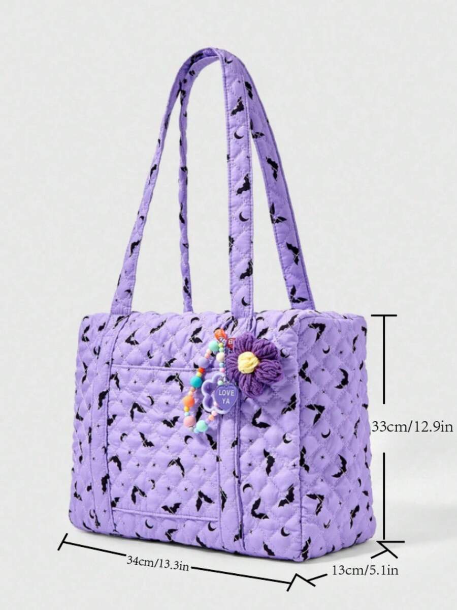 ROMWE Goth Purple Bat Print Fashion Large Capacity Women's Tote Bag, Halloween, Halloween Bags Perfect For Fancy Party Matching With Halloween Costumes, Best Halloween Gifts For Women