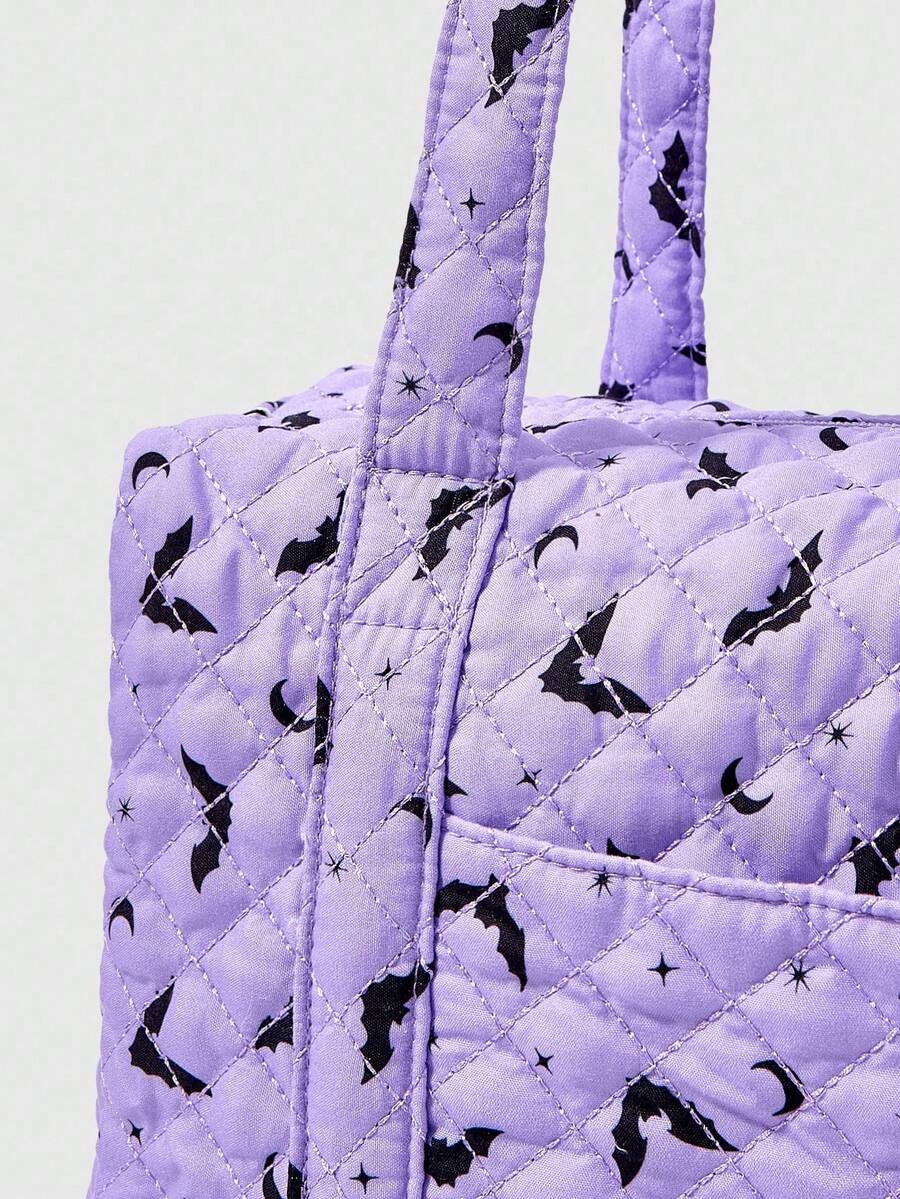 ROMWE Goth Purple Bat Print Fashion Large Capacity Women's Tote Bag, Halloween, Halloween Bags Perfect For Fancy Party Matching With Halloween Costumes, Best Halloween Gifts For Women