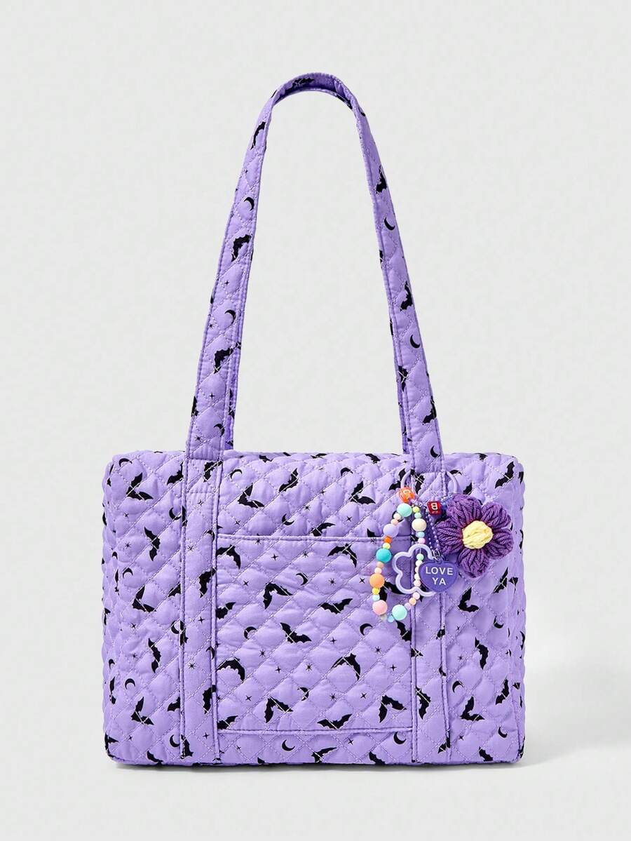 ROMWE Goth Purple Bat Print Fashion Large Capacity Women's Tote Bag, Halloween, Halloween Bags Perfect For Fancy Party Matching With Halloween Costumes, Best Halloween Gifts For Women