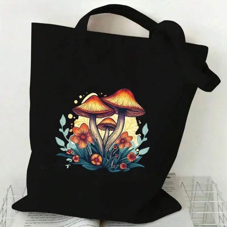 1pc Mushroom Print Portable Shoulder Bag, Casual Canvas Tote Bag, Durable And Reusable Handbag Holiday
