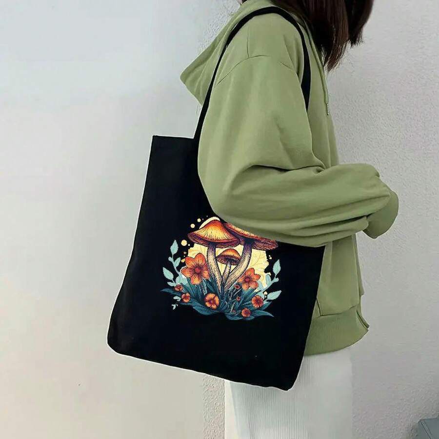 1pc Mushroom Print Portable Shoulder Bag, Casual Canvas Tote Bag, Durable And Reusable Handbag Holiday