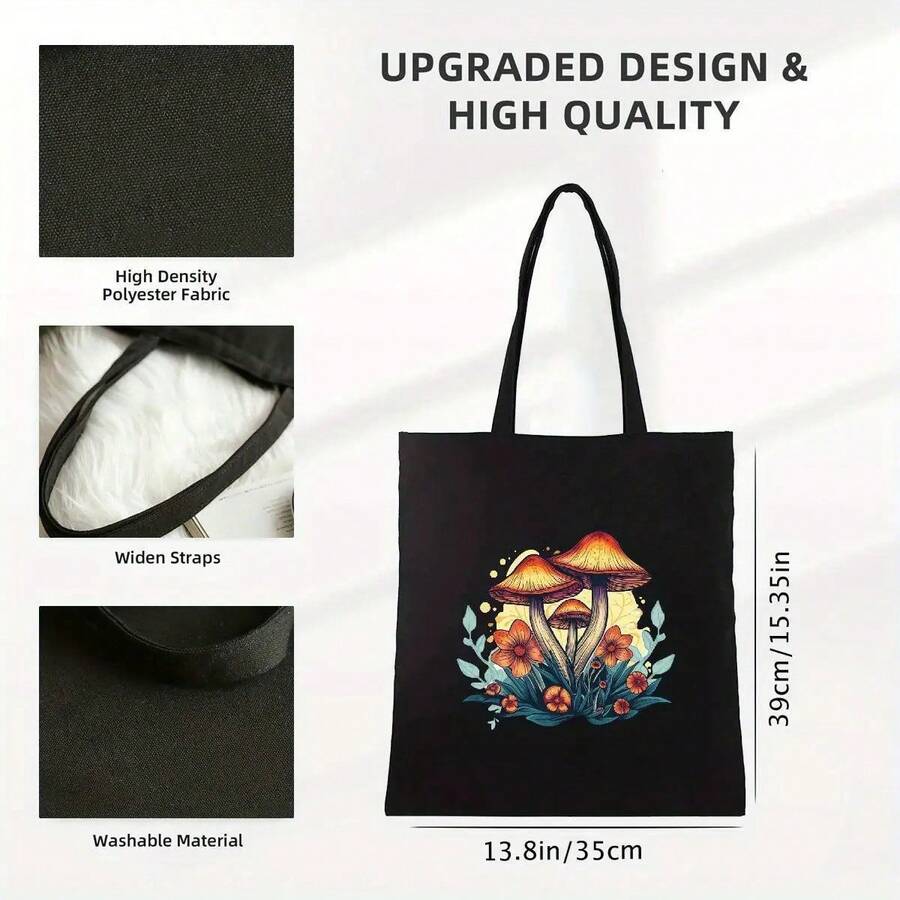 1pc Mushroom Print Portable Shoulder Bag, Casual Canvas Tote Bag, Durable And Reusable Handbag Holiday