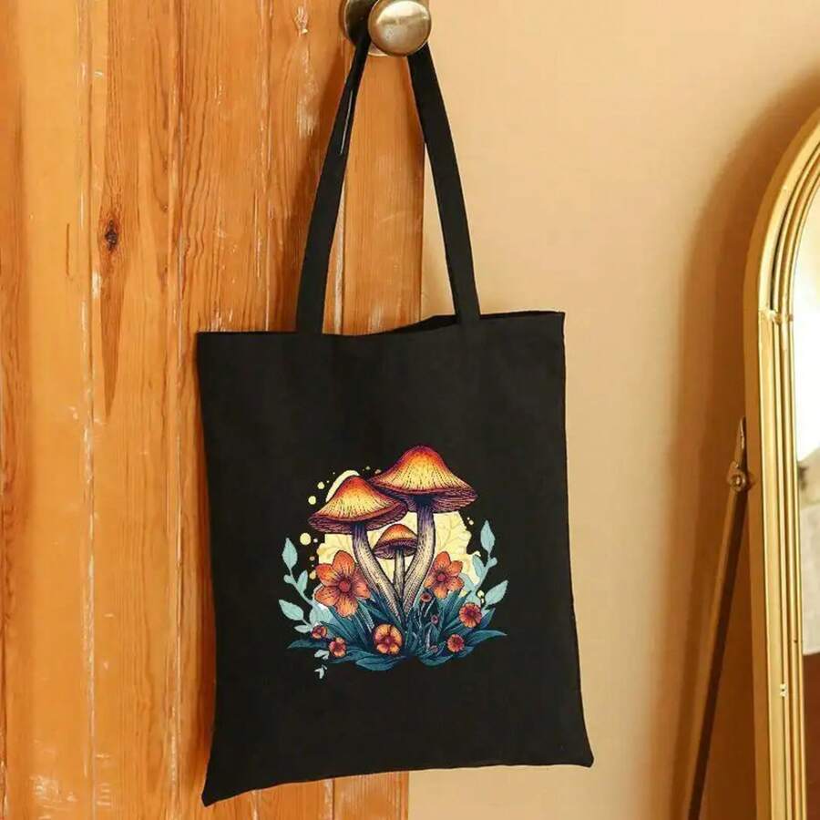 1pc Mushroom Print Portable Shoulder Bag, Casual Canvas Tote Bag, Durable And Reusable Handbag Holiday