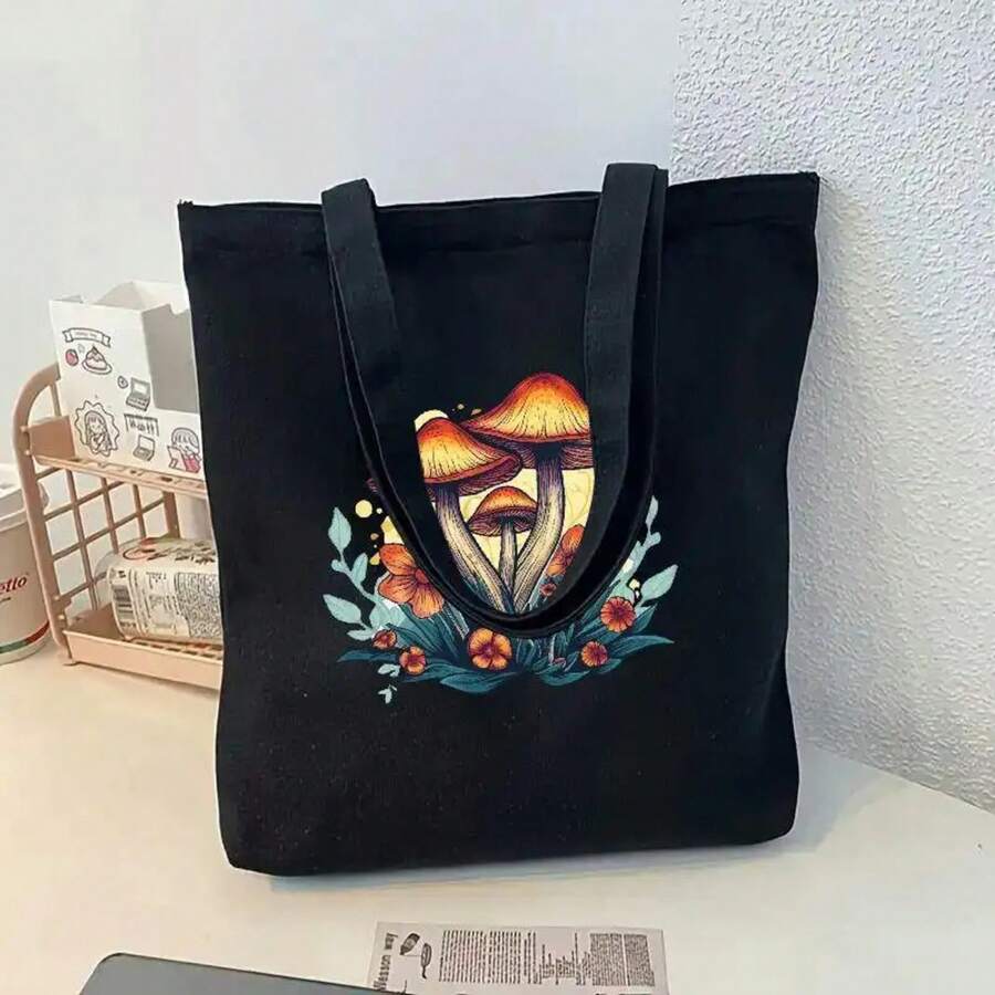 1pc Mushroom Print Portable Shoulder Bag, Casual Canvas Tote Bag, Durable And Reusable Handbag Holiday