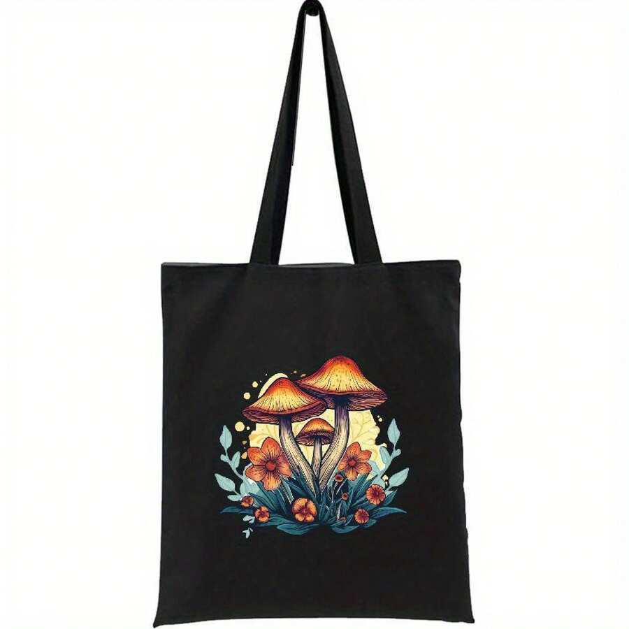 1pc Mushroom Print Portable Shoulder Bag, Casual Canvas Tote Bag, Durable And Reusable Handbag Holiday