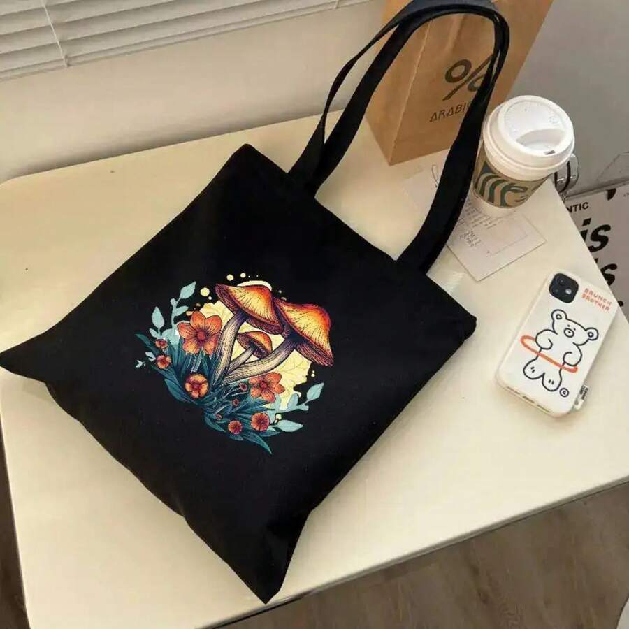 1pc Mushroom Print Portable Shoulder Bag, Casual Canvas Tote Bag, Durable And Reusable Handbag Holiday