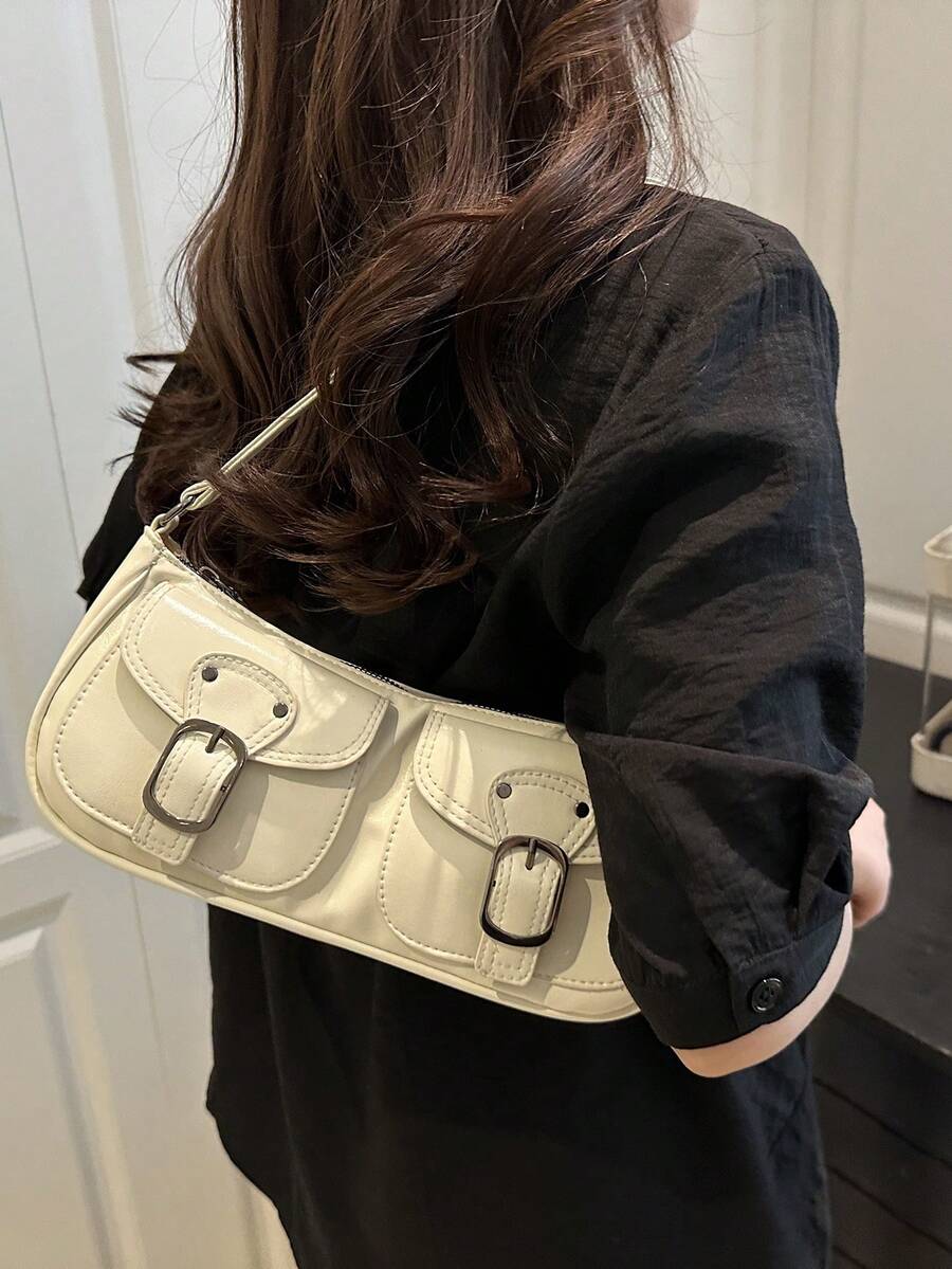 New Fashion Double Pocket Decor Handbag Tote Shoulder Bag, Suitable For Parties, Outings, Vacations, Shopping And Daily Use, Can Store Coins, Phones, Also Suitable As A Work Bag For White-Collar, Coll
