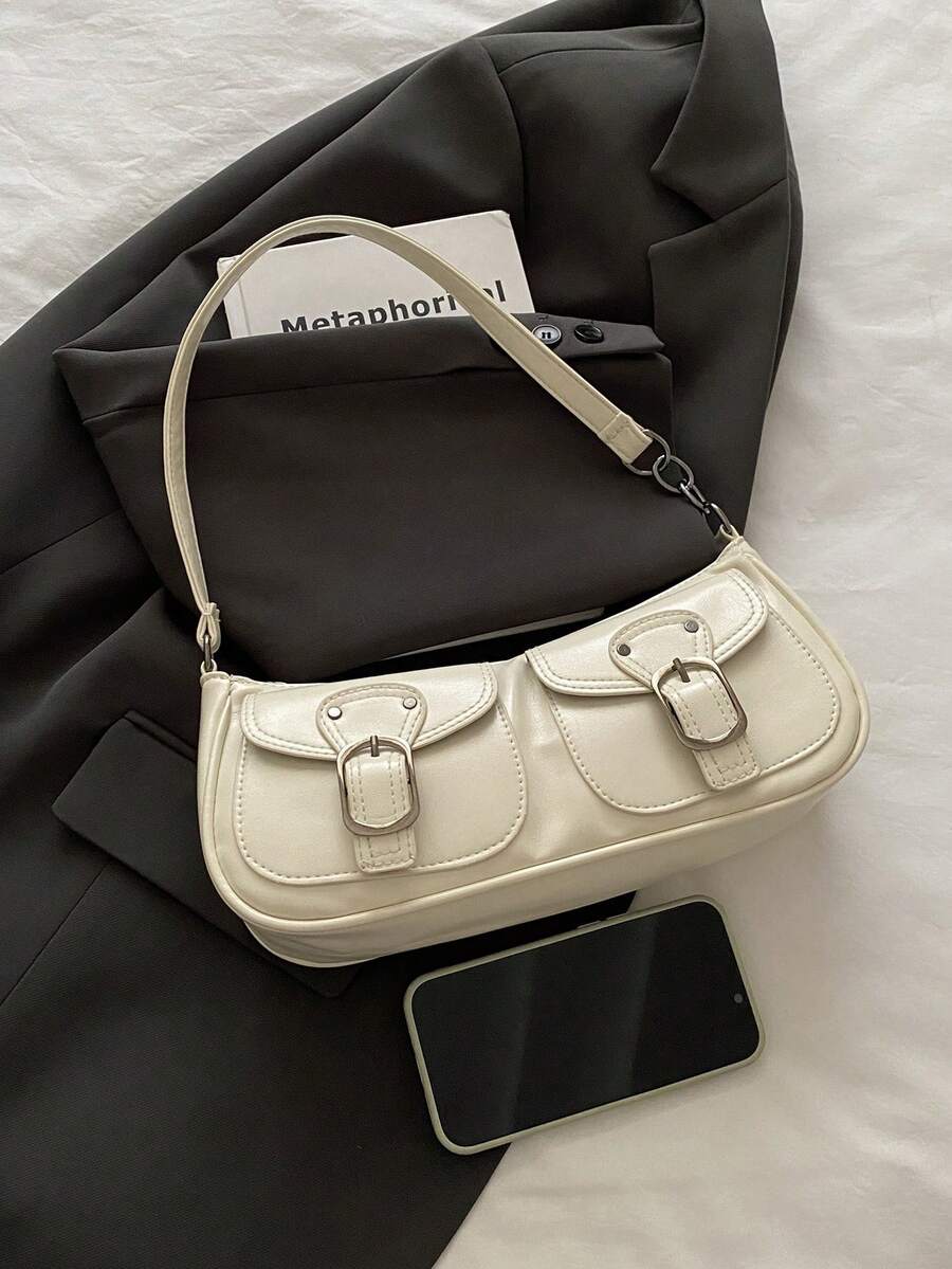 New Fashion Double Pocket Decor Handbag Tote Shoulder Bag, Suitable For Parties, Outings, Vacations, Shopping And Daily Use, Can Store Coins, Phones, Also Suitable As A Work Bag For White-Collar, Coll