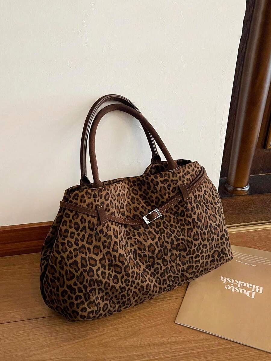 Vintage Leopard Print Large Capacity Commuter Tote Bag, Fashion New Shoulder Bag, Versatile For Fall/Winter 2025