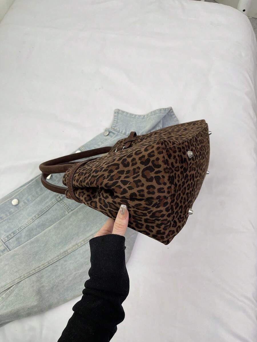 Vintage Leopard Print Large Capacity Commuter Tote Bag, Fashion New Shoulder Bag, Versatile For Fall/Winter 2025