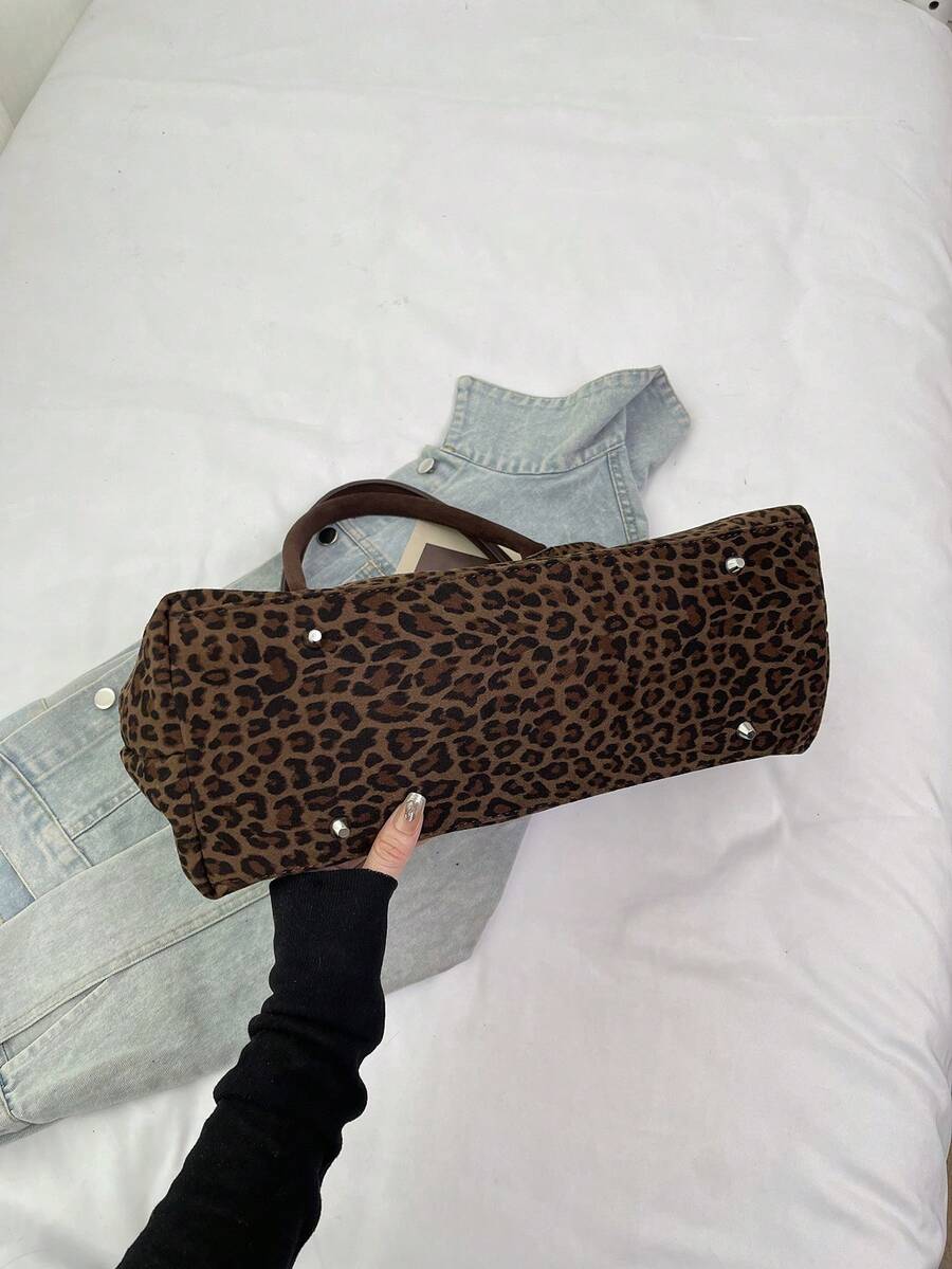 Vintage Leopard Print Large Capacity Commuter Tote Bag, Fashion New Shoulder Bag, Versatile For Fall/Winter 2025