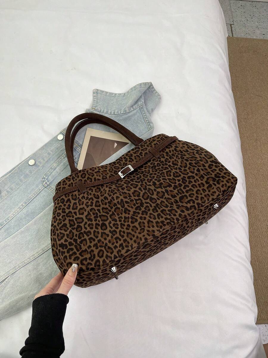 Vintage Leopard Print Large Capacity Commuter Tote Bag, Fashion New Shoulder Bag, Versatile For Fall/Winter 2025