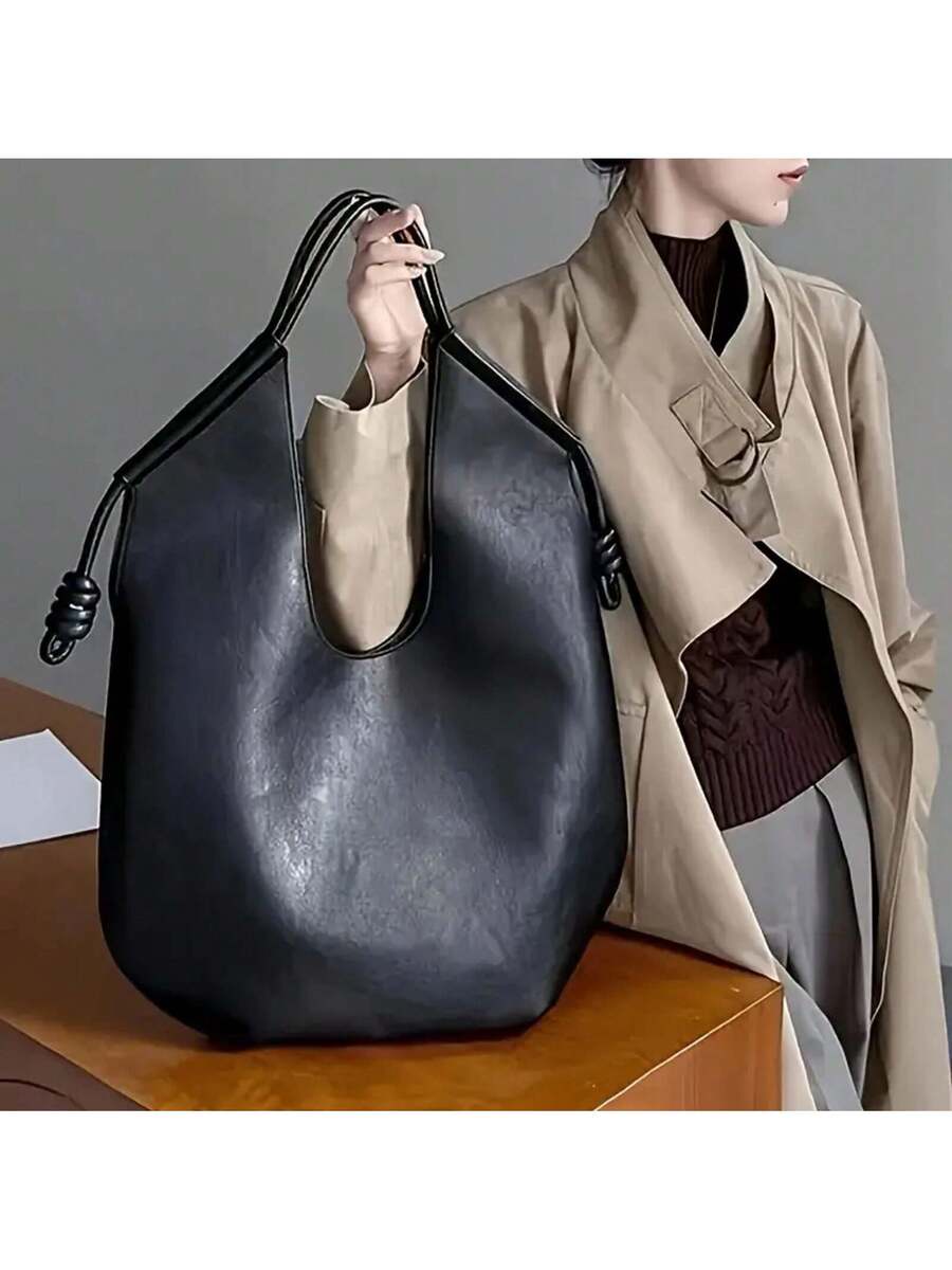 Black Handbag- Fashionable Large Capacity Shoulder Bag/Tote Bag/Handbag With Magnetic Closure And Wrist Strap, Retro Simple Design, Suitable For Daily Commuting, Travel, And Fitness, Great Gift For G