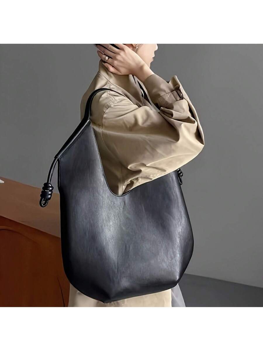 Black Handbag- Fashionable Large Capacity Shoulder Bag/Tote Bag/Handbag With Magnetic Closure And Wrist Strap, Retro Simple Design, Suitable For Daily Commuting, Travel, And Fitness, Great Gift For G