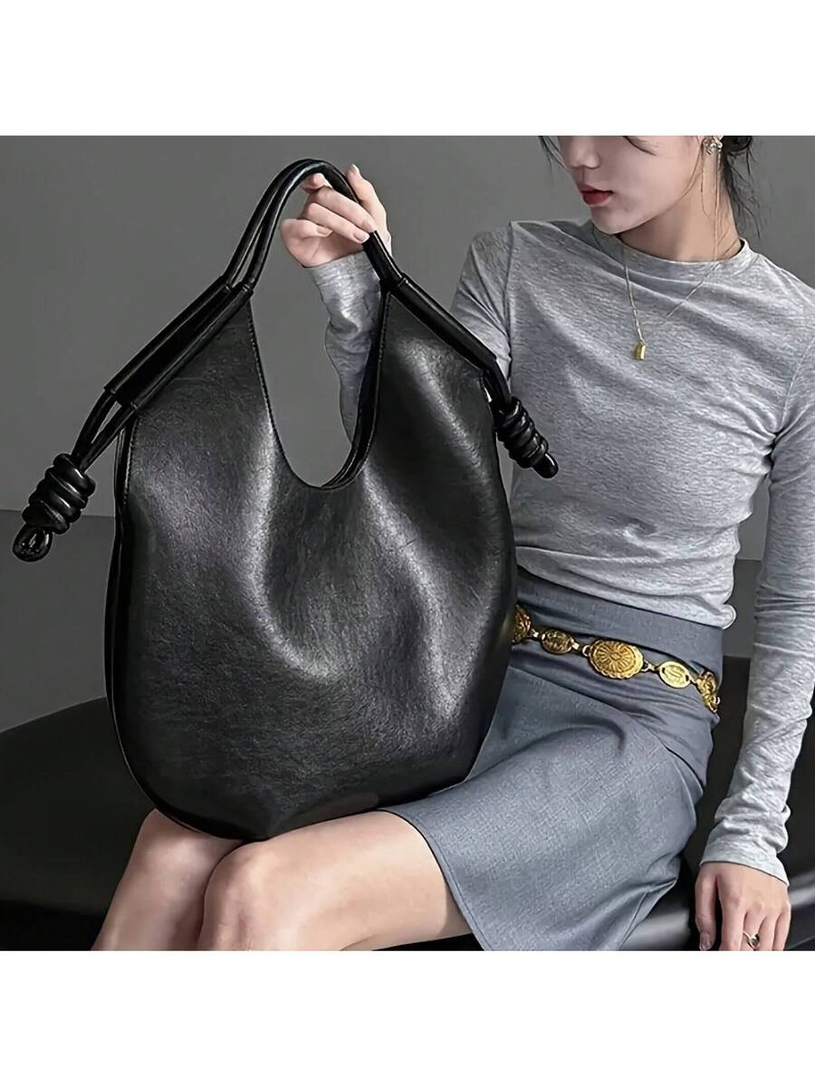 Black Handbag- Fashionable Large Capacity Shoulder Bag/Tote Bag/Handbag With Magnetic Closure And Wrist Strap, Retro Simple Design, Suitable For Daily Commuting, Travel, And Fitness, Great Gift For G