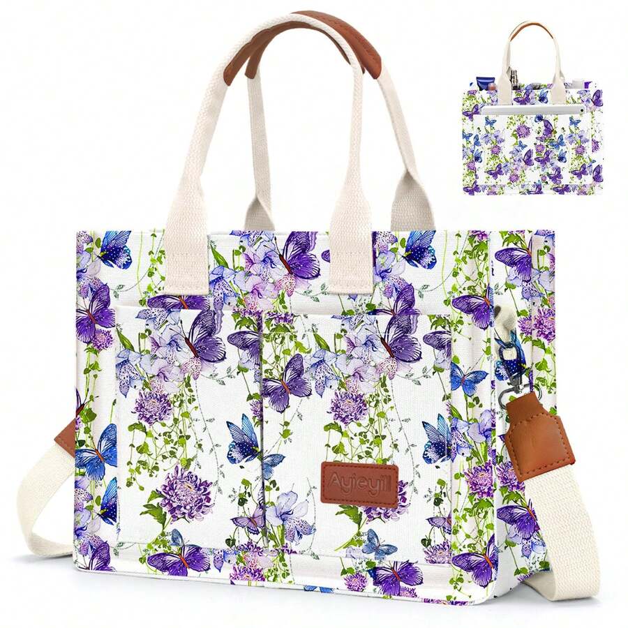 Canvas Tote Bag For Women With Multi-Pocket Crossbody Shoulder Handbag Casual Work Tote Everything Tote Bag
