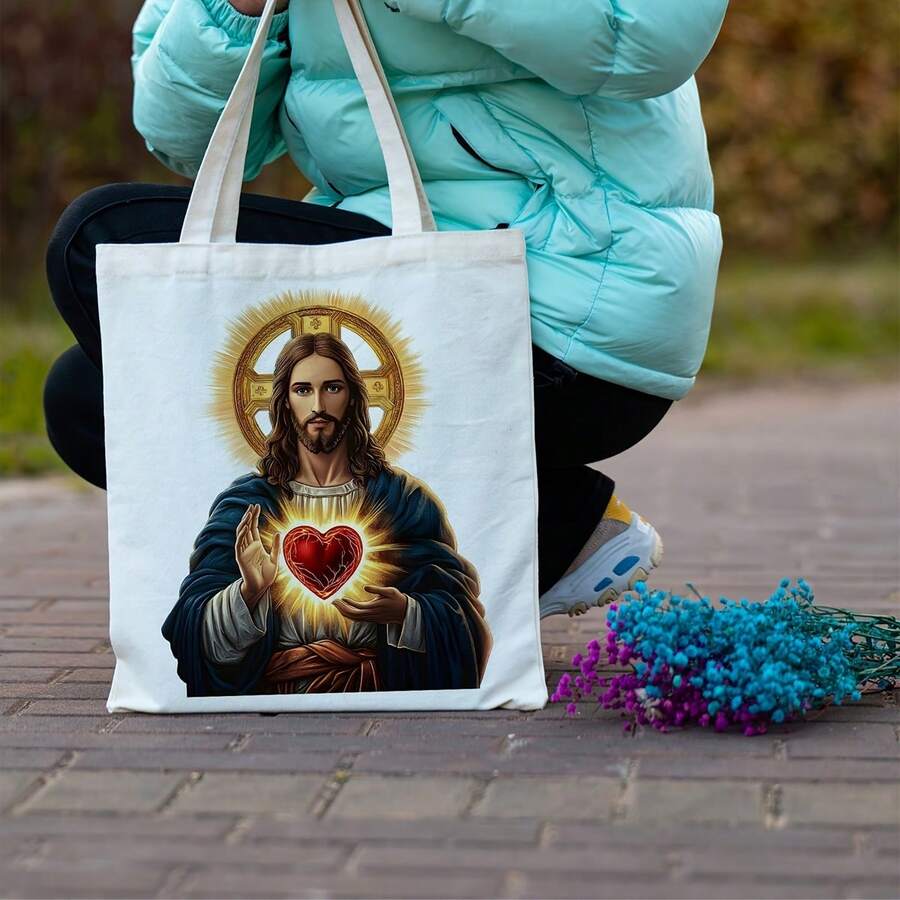Large Capacity Lightweight Tote Bag With Jesus Sacred Heart Religious Design- Foldable Christian Shoulder Bag, Durable Polyester Canvas For Women, Commute, Travel, Shopping- Spiritual Gift For Mom