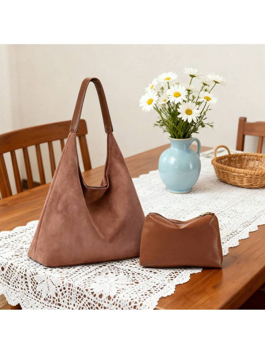 1 Set Suede Tote Bag,Large Capacity Shoulder Tote,Purses And Bags Women,Suitable For Gifting For Shopping,Dating, Business Trips,Office Work Commute