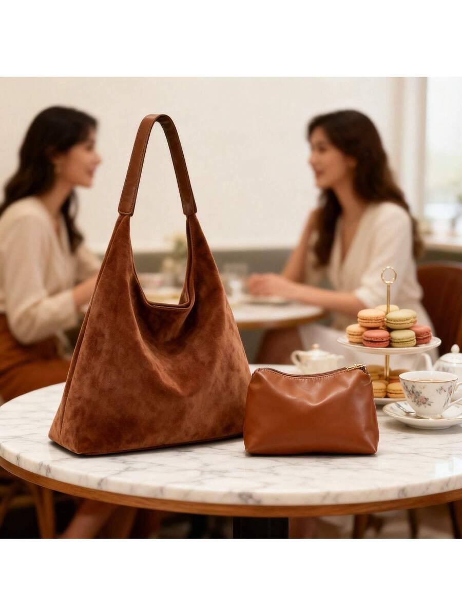 1 Set Suede Tote Bag,Large Capacity Shoulder Tote,Purses And Bags Women,Suitable For Gifting For Shopping,Dating, Business Trips,Office Work Commute