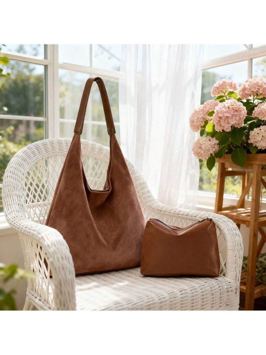 1 Set Suede Tote Bag,Large Capacity Shoulder Tote,Purses And Bags Women,Suitable For Gifting For Shopping,Dating, Business Trips,Office Work Commute