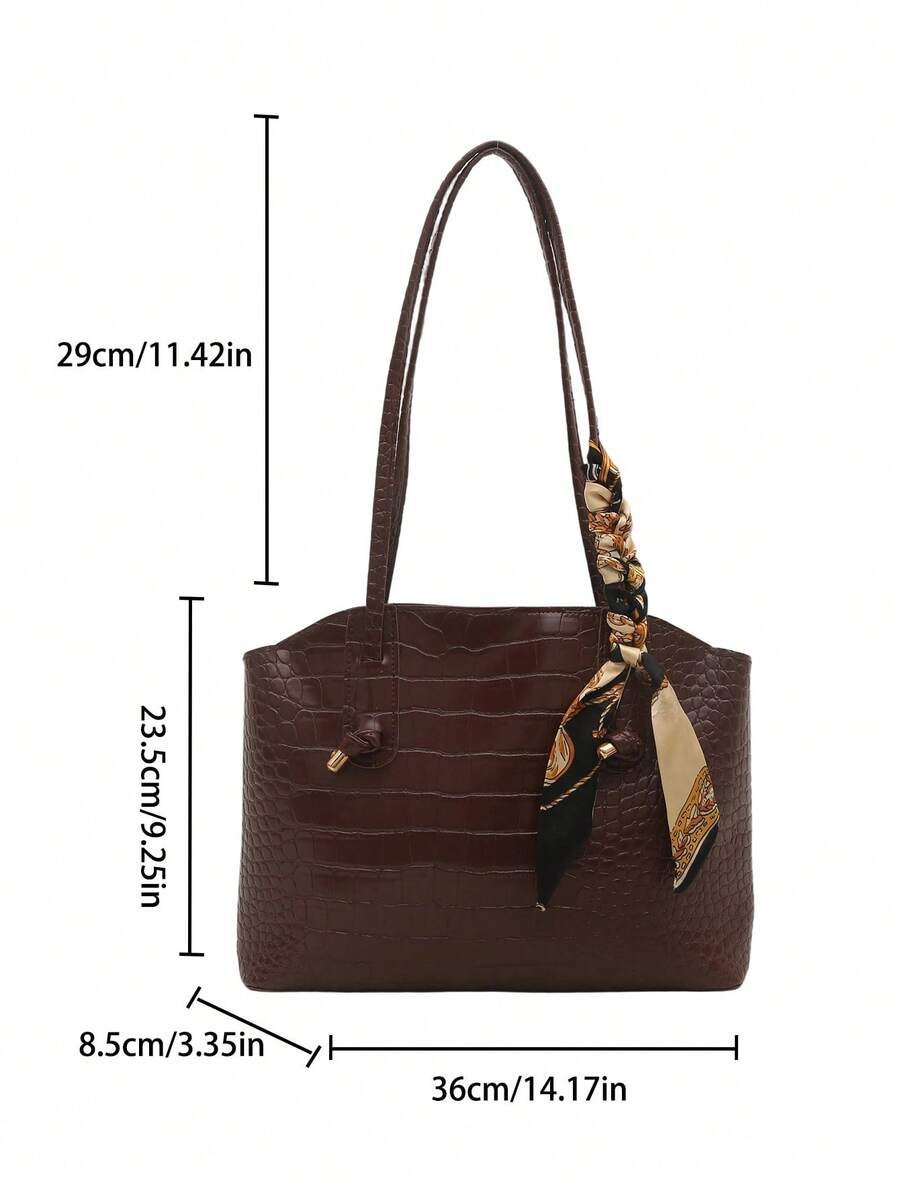 Fashionable Retro Crocodile Grain Scarf Decor Shoulder Tote Bag, Suitable For Women's Work Commute, Travel, Shopping