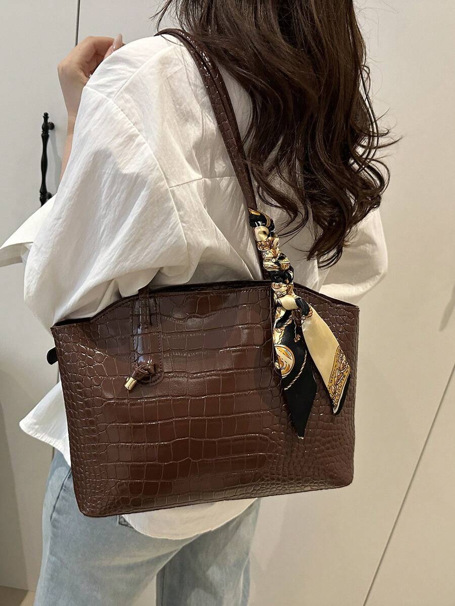 Fashionable Retro Crocodile Grain Scarf Decor Shoulder Tote Bag, Suitable For Women's Work Commute, Travel, Shopping