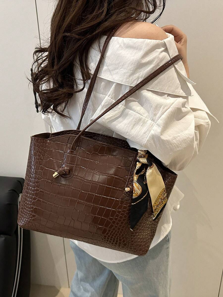 Fashionable Retro Crocodile Grain Scarf Decor Shoulder Tote Bag, Suitable For Women's Work Commute, Travel, Shopping