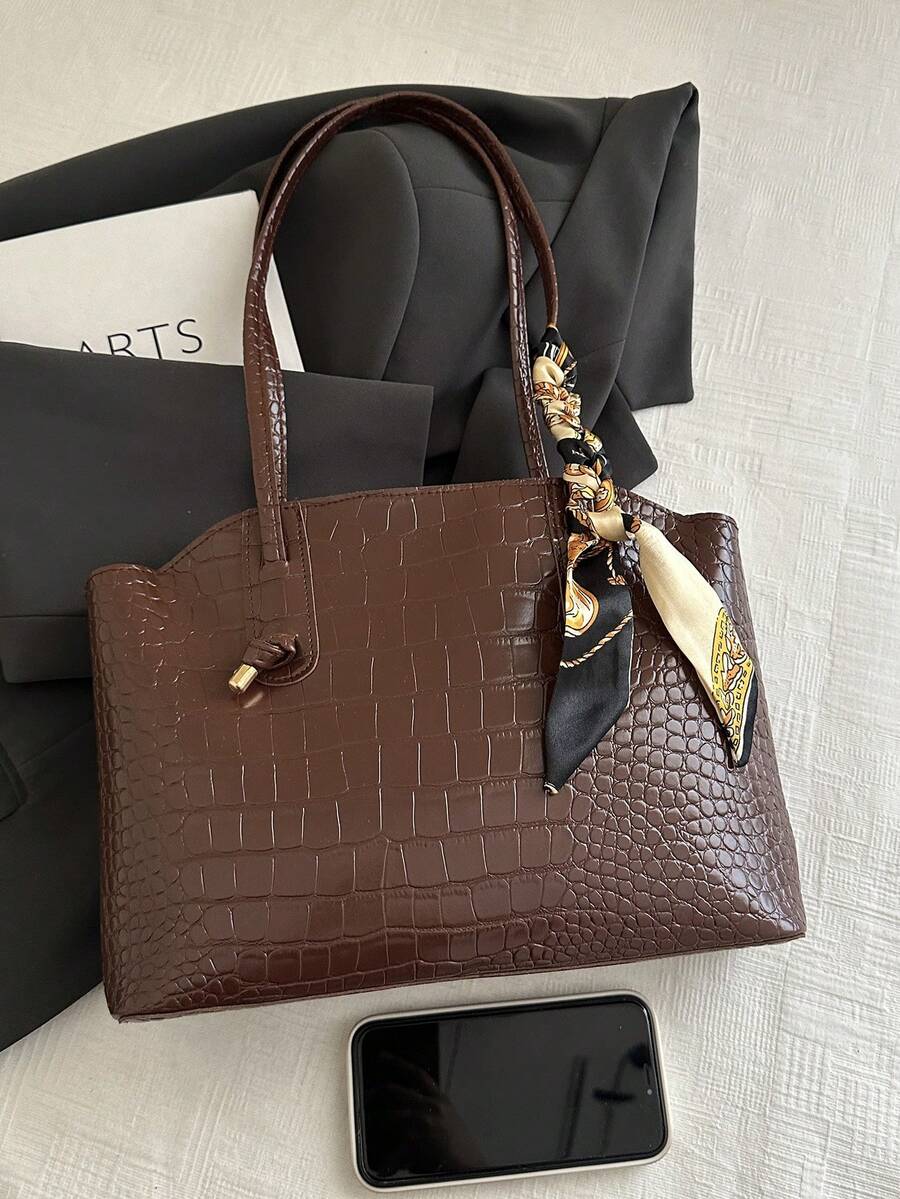 Fashionable Retro Crocodile Grain Scarf Decor Shoulder Tote Bag, Suitable For Women's Work Commute, Travel, Shopping