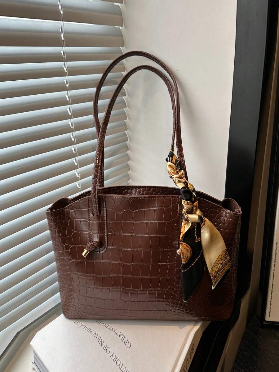 Fashionable Retro Crocodile Grain Scarf Decor Shoulder Tote Bag, Suitable For Women's Work Commute, Travel, Shopping