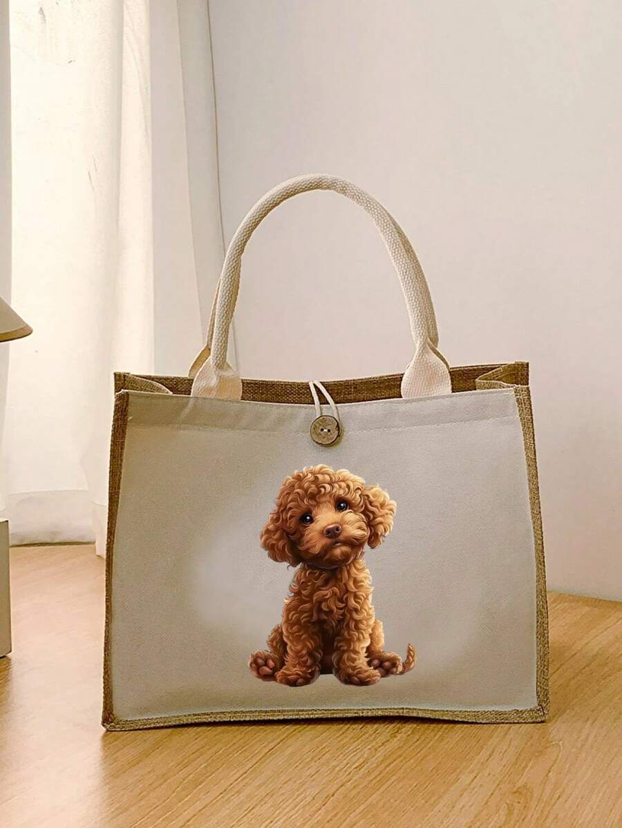 Cute Cartoon Poodle Print Women's Linen Tote Bag + Cosmetic Bag Set, Linen Material, Matching Shoulder Bag And Cosmetic Bag Combo, Adorable Design, Large Capacity, Portable, Can Be Used As Shopping Ba