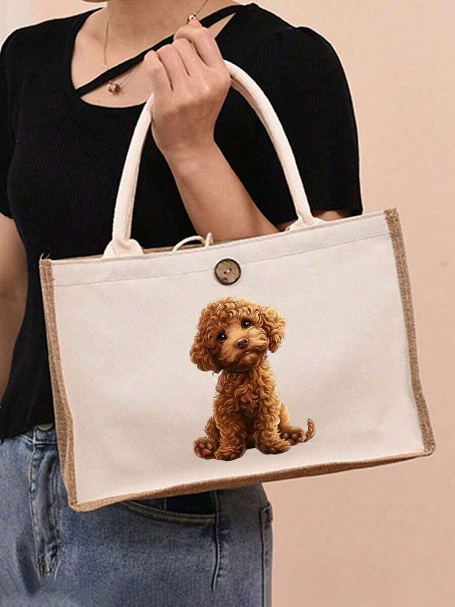 Cute Cartoon Poodle Print Women's Linen Tote Bag + Cosmetic Bag Set, Linen Material, Matching Shoulder Bag And Cosmetic Bag Combo, Adorable Design, Large Capacity, Portable, Can Be Used As Shopping Ba