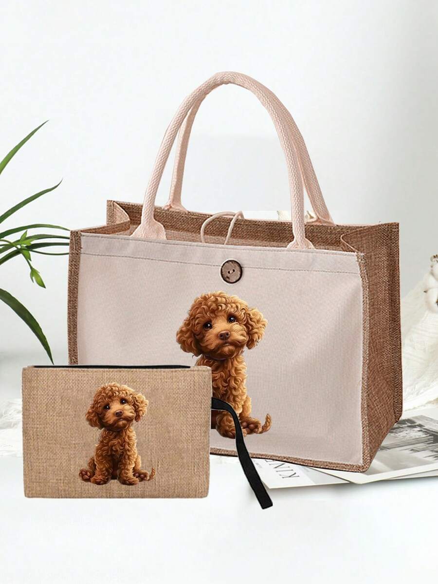 Cute Cartoon Poodle Print Women's Linen Tote Bag + Cosmetic Bag Set, Linen Material, Matching Shoulder Bag And Cosmetic Bag Combo, Adorable Design, Large Capacity, Portable, Can Be Used As Shopping Ba