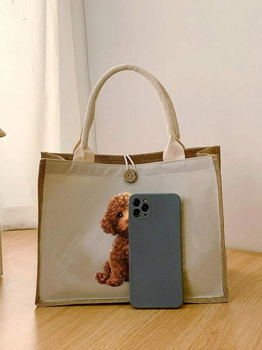 Cute Cartoon Poodle Print Women's Linen Tote Bag + Cosmetic Bag Set, Linen Material, Matching Shoulder Bag And Cosmetic Bag Combo, Adorable Design, Large Capacity, Portable, Can Be Used As Shopping Ba
