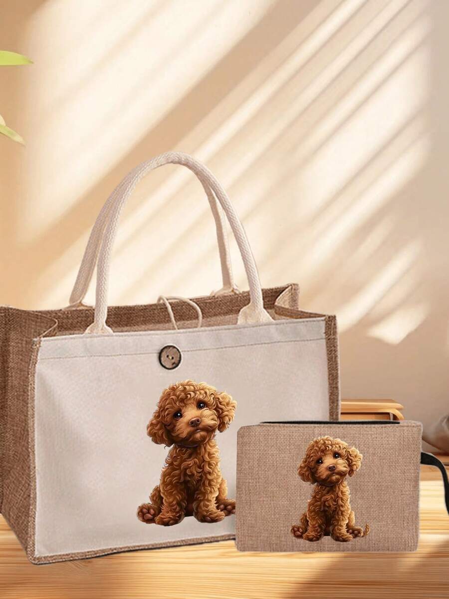 Cute Cartoon Poodle Print Women's Linen Tote Bag + Cosmetic Bag Set, Linen Material, Matching Shoulder Bag And Cosmetic Bag Combo, Adorable Design, Large Capacity, Portable, Can Be Used As Shopping Ba