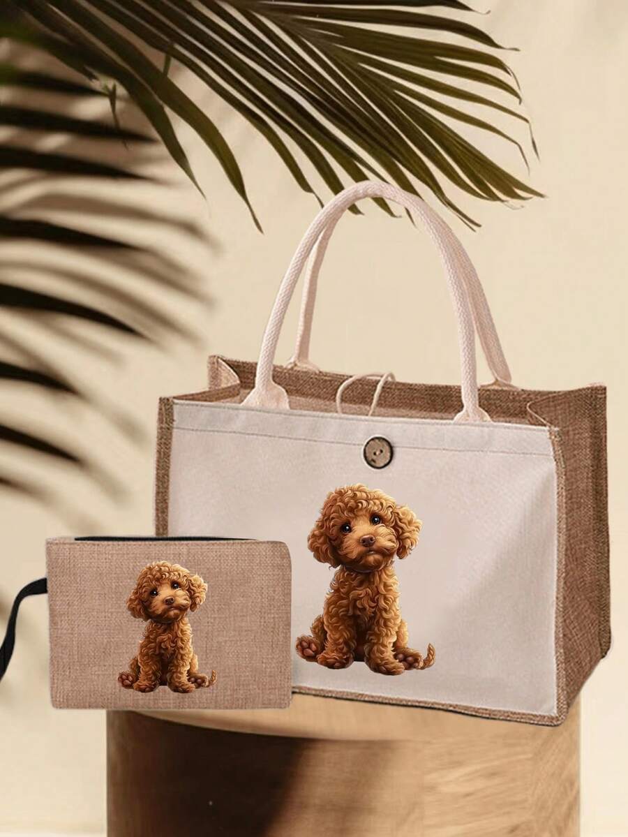 Cute Cartoon Poodle Print Women's Linen Tote Bag + Cosmetic Bag Set, Linen Material, Matching Shoulder Bag And Cosmetic Bag Combo, Adorable Design, Large Capacity, Portable, Can Be Used As Shopping Ba