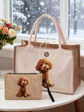 Cute Cartoon Poodle Print Women's Linen Tote Bag + Cosmetic Bag Set