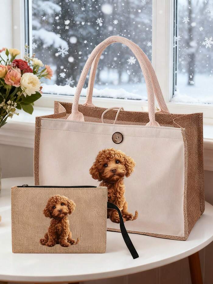 Cute Cartoon Poodle Print Women's Linen Tote Bag + Cosmetic Bag Set
