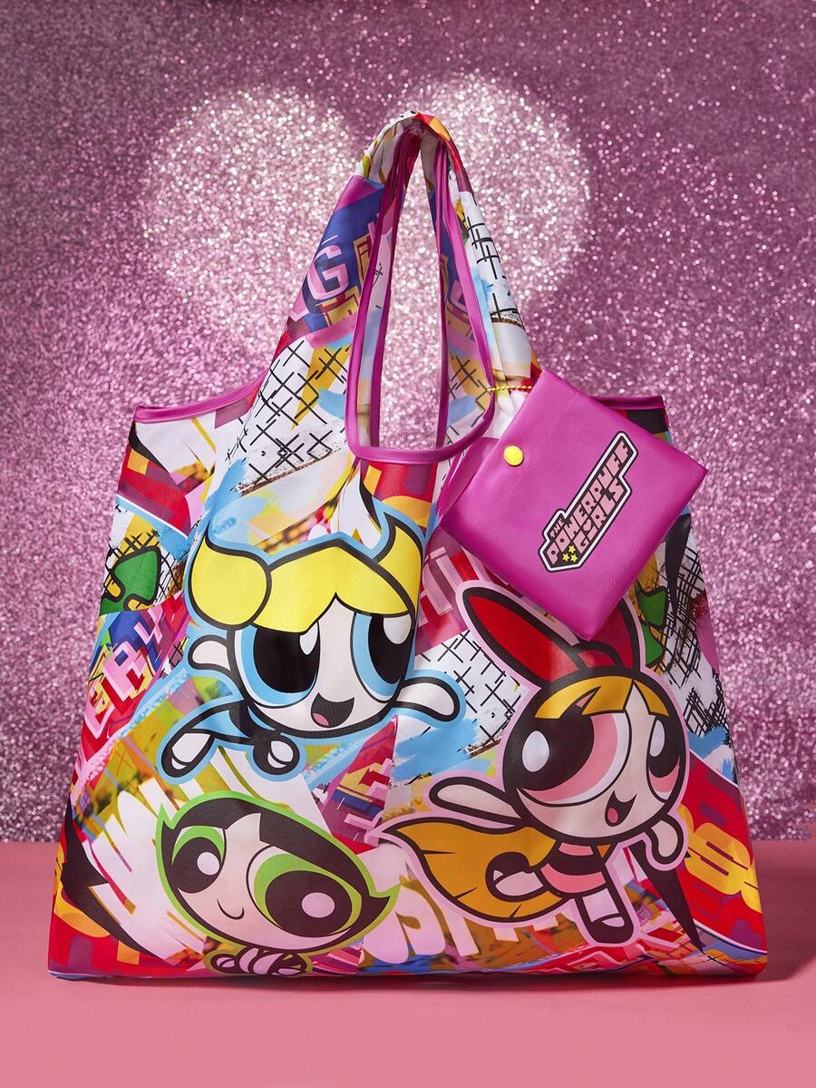 THE POWERPUFF GIRLS X 1 Cute Cartoon Character Printed Polyester Foldable Shopping Bag, Tote Bag, With Small Storage Bag With Bead Chain, Can Be Hung On The Bag, Bubbles, Blossom, Buttercup, Jus