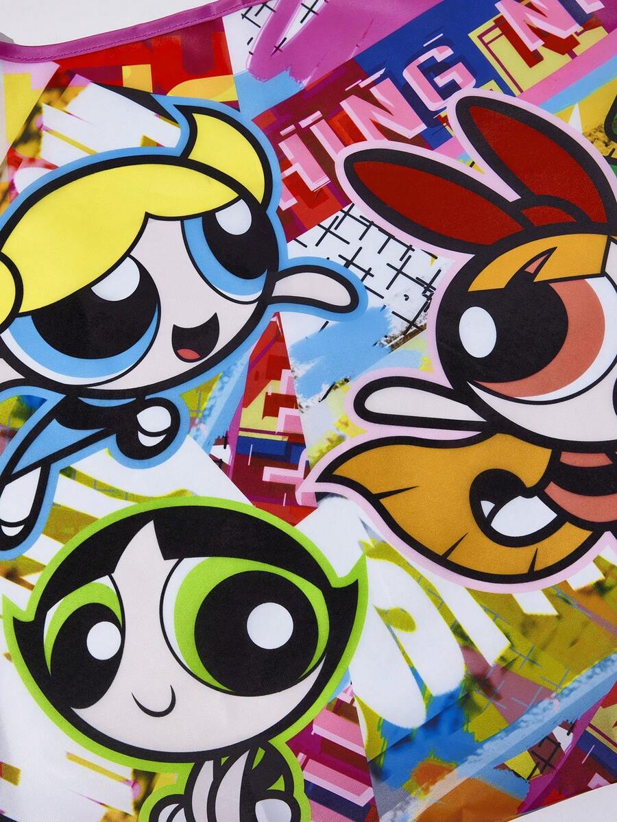 THE POWERPUFF GIRLS X 1 Cute Cartoon Character Printed Polyester Foldable Shopping Bag, Tote Bag, With Small Storage Bag With Bead Chain, Can Be Hung On The Bag, Bubbles, Blossom, Buttercup, Jus