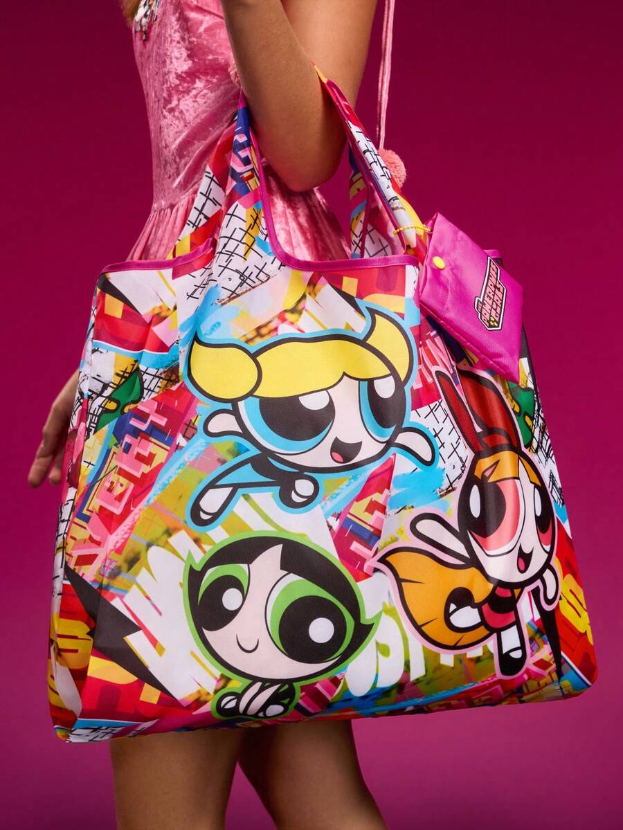 THE POWERPUFF GIRLS X 1 Cute Cartoon Character Printed Polyester Foldable Shopping Bag, Tote Bag, With Small Storage Bag With Bead Chain, Can Be Hung On The Bag, Bubbles, Blossom, Buttercup, Jus