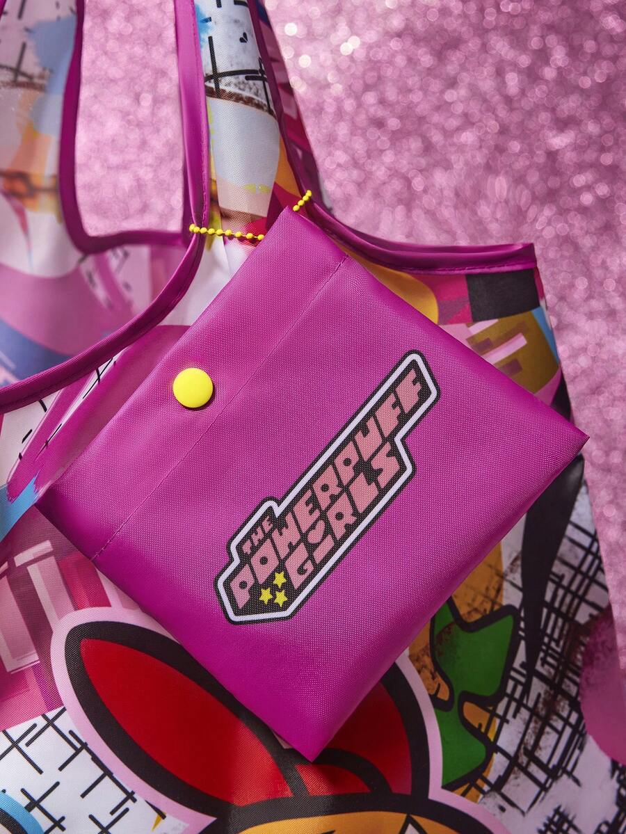 THE POWERPUFF GIRLS X 1 Cute Cartoon Character Printed Polyester Foldable Shopping Bag, Tote Bag, With Small Storage Bag With Bead Chain, Can Be Hung On The Bag, Bubbles, Blossom, Buttercup, Jus