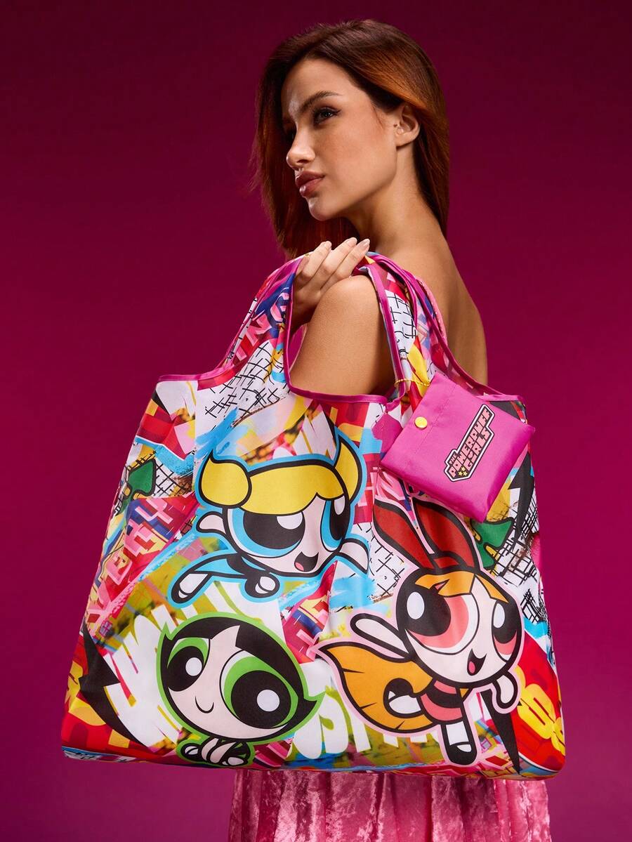 THE POWERPUFF GIRLS X 1 Cute Cartoon Character Printed Polyester Foldable Shopping Bag, Tote Bag, With Small Storage Bag With Bead Chain, Can Be Hung On The Bag, Bubbles, Blossom, Buttercup, Jus