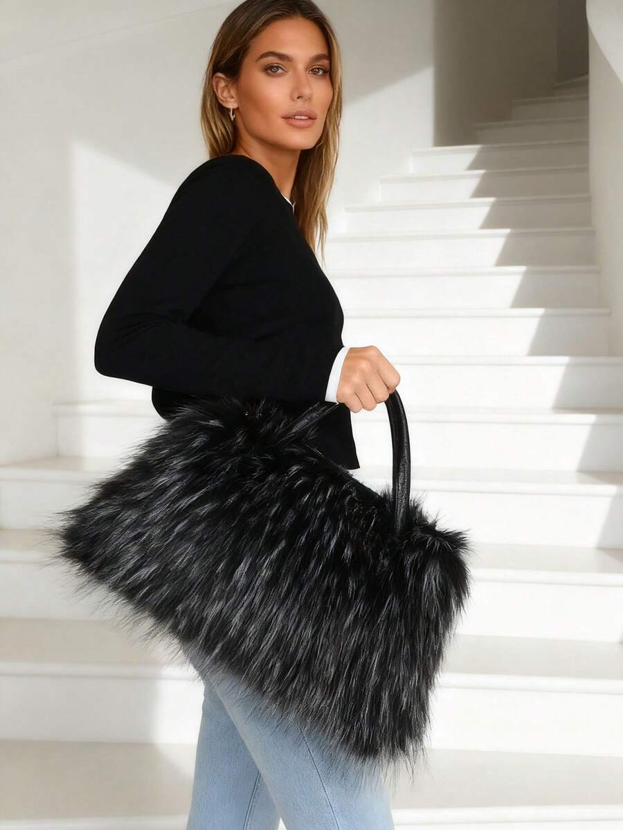 Multi-Color Curly Faux Fur Large Medium Capacity Zipper Tote Crossbody Bag, Y2K Avant-Garde Plush Shoulder Handbag For Ski Christmas Halloween
