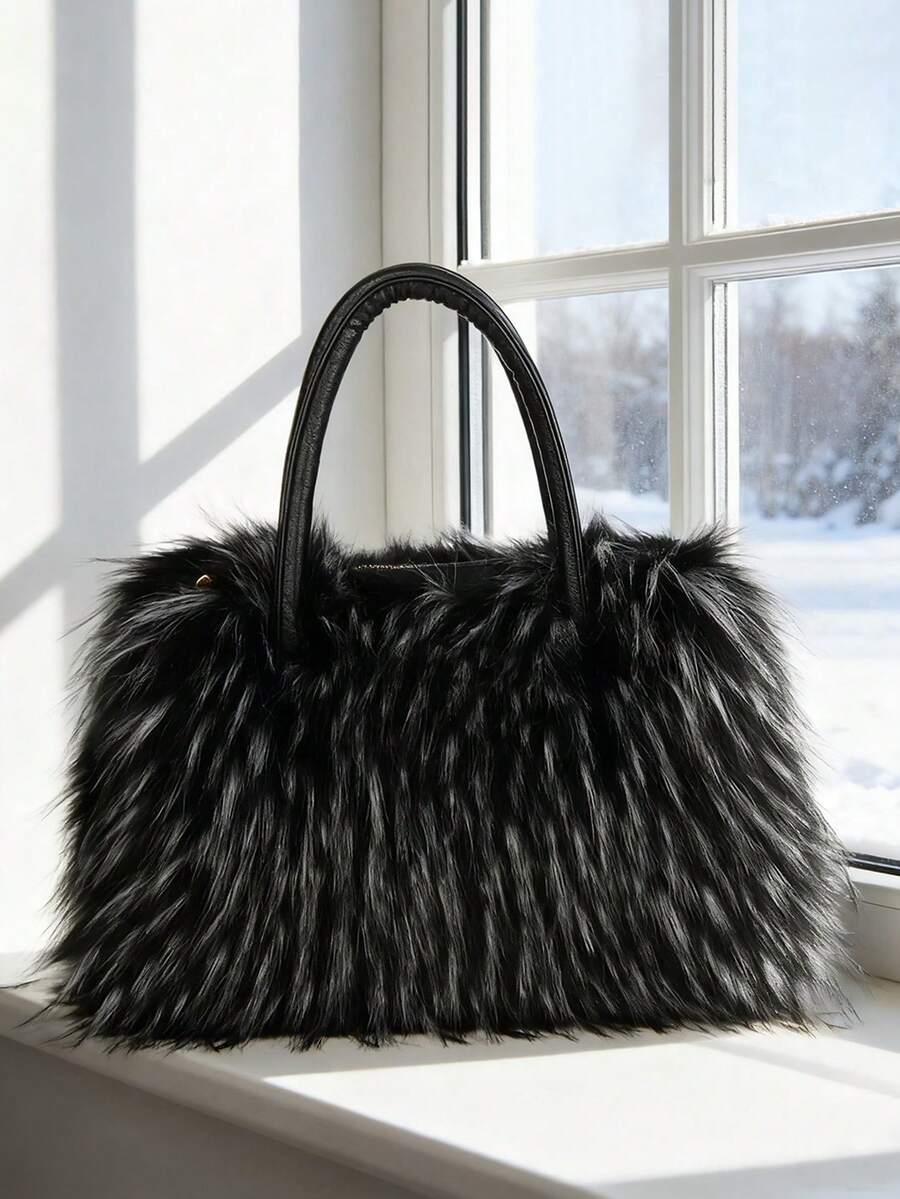 Multi-Color Curly Faux Fur Large Medium Capacity Zipper Tote Crossbody Bag, Y2K Avant-Garde Plush Shoulder Handbag For Ski Christmas Halloween