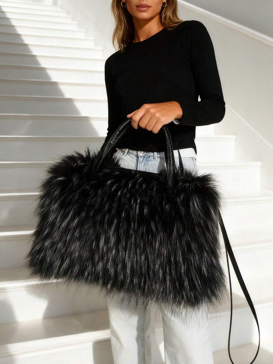 Multi-Color Curly Faux Fur Large Medium Capacity Zipper Tote Crossbody Bag, Y2K Avant-Garde Plush Shoulder Handbag For Ski Christmas Halloween