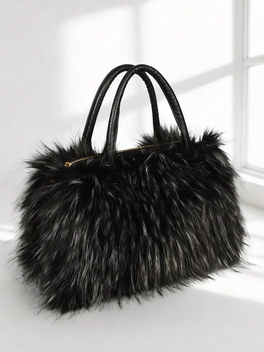 Multi-Color Curly Faux Fur Large Medium Capacity Zipper Tote Crossbody Bag, Y2K Avant-Garde Plush Shoulder Handbag For Ski Christmas Halloween
