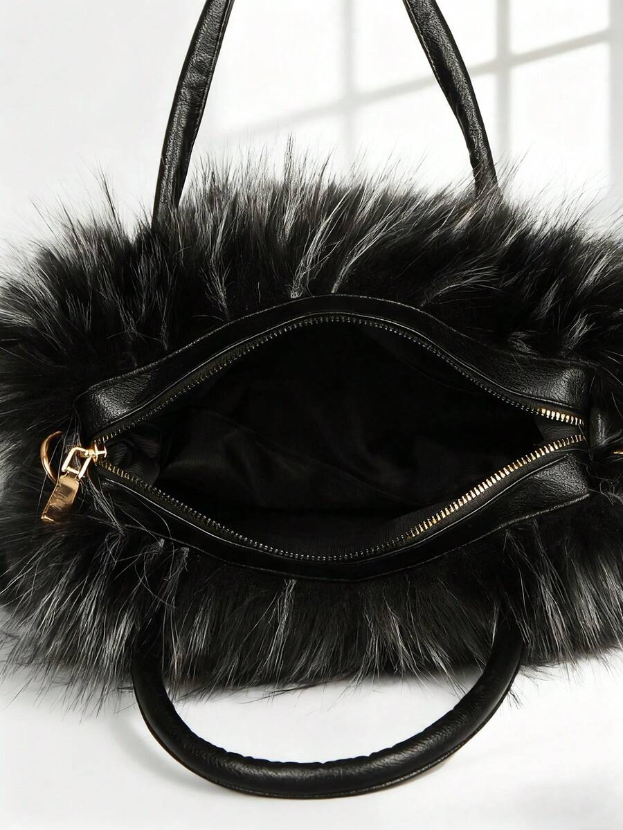Multi-Color Curly Faux Fur Large Medium Capacity Zipper Tote Crossbody Bag, Y2K Avant-Garde Plush Shoulder Handbag For Ski Christmas Halloween