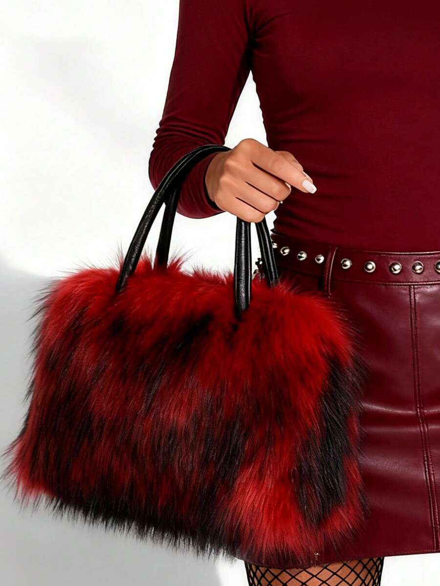 Multi-Color Curly Faux Fur Large Medium Capacity Zipper Tote Crossbody Bag, Y2K Avant-Garde Plush Shoulder Handbag For Ski Christmas Halloween