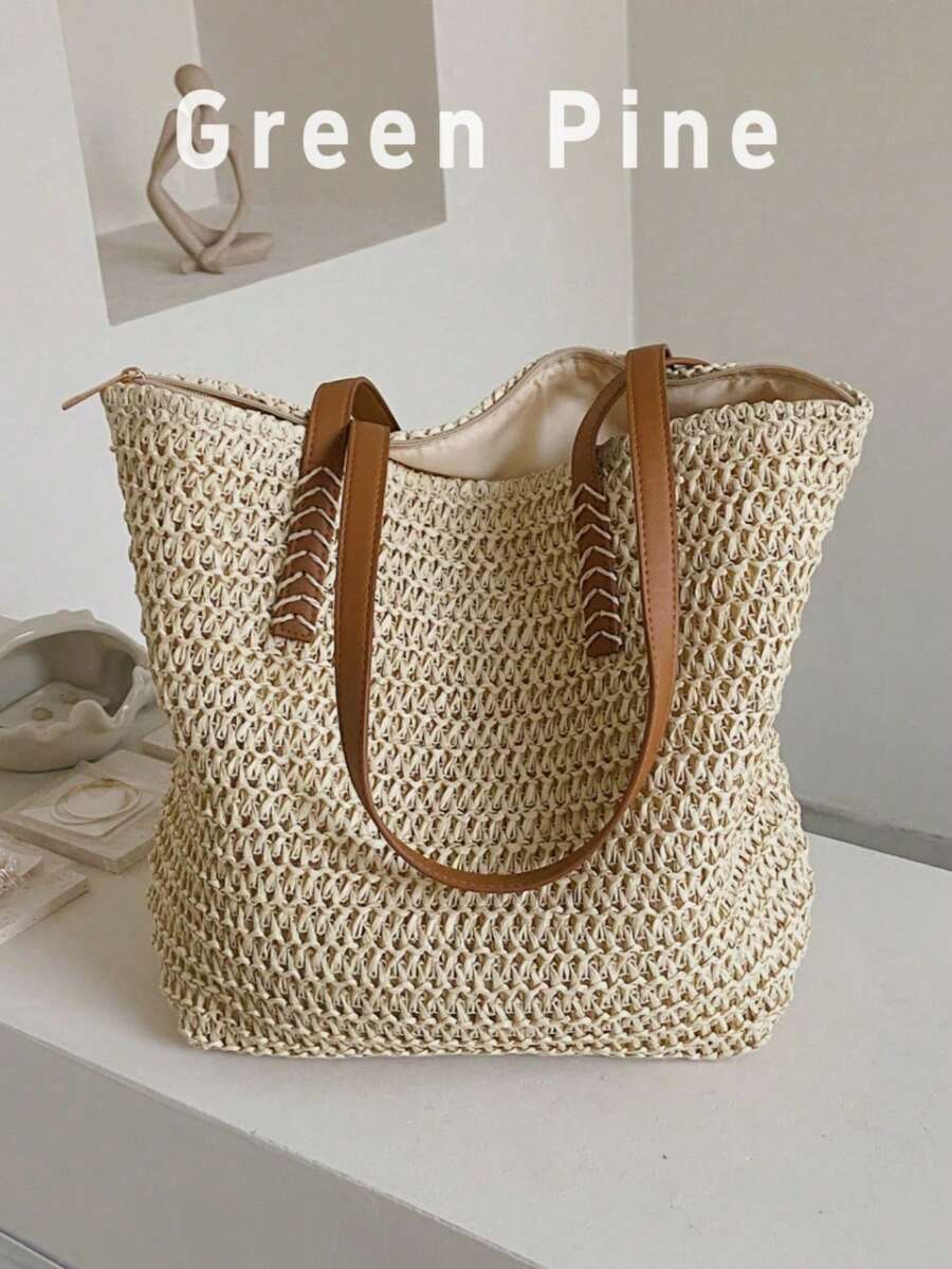 Classic Fashion Straw Bag Casual Minimalist Large Capacity Shoulder Tote Bag, Summer, Beach Bags